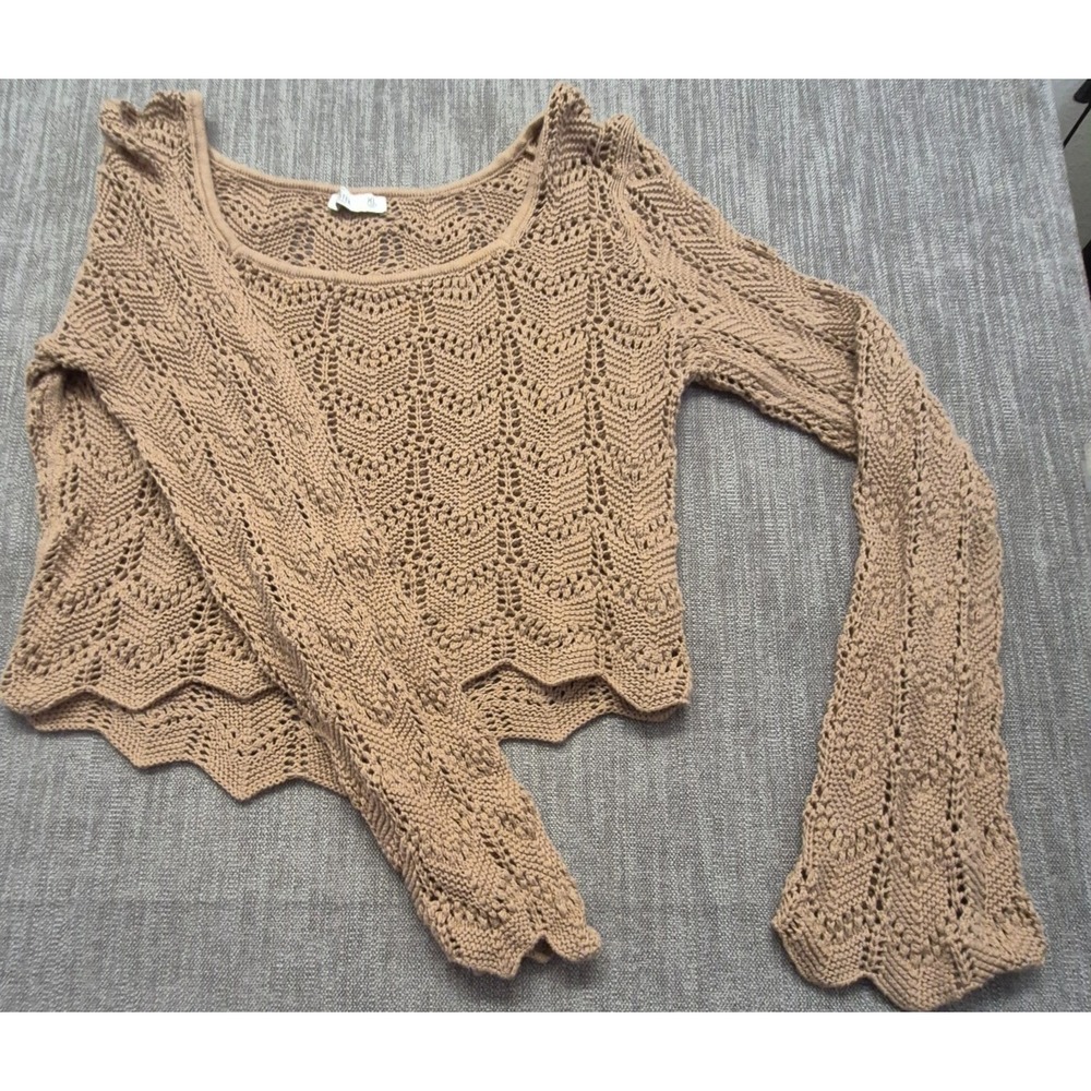 Hollister Women's XL Crochet Knit Sweater Tan Beige Bell Sleeve Scalloped Boho